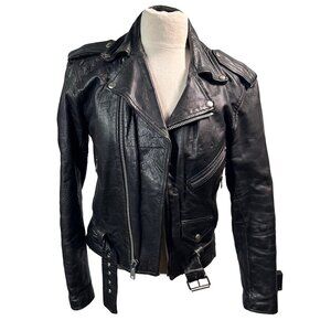 Vintage Genuine Leather Biker Jacket Women’s S Black Belted Zip